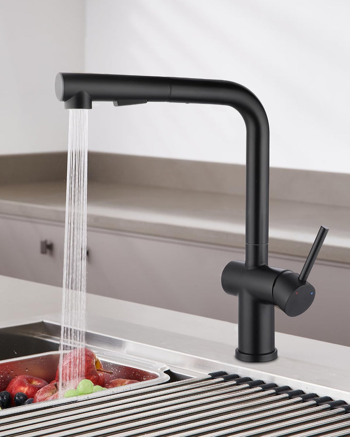 Küchenarmatur mit Brause Ausziehbar, Hochdruck Wasserhahn Küche Schwarz mit Zwei Wasserstrahlarten,