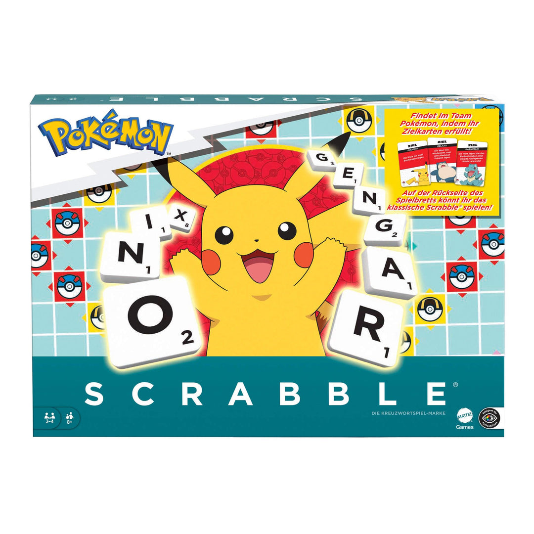 Mattel Games Scrabble Pokémon-Brettspiel, Familienwortspiel mit Zwei Spielmöglichkeiten, enthält 50