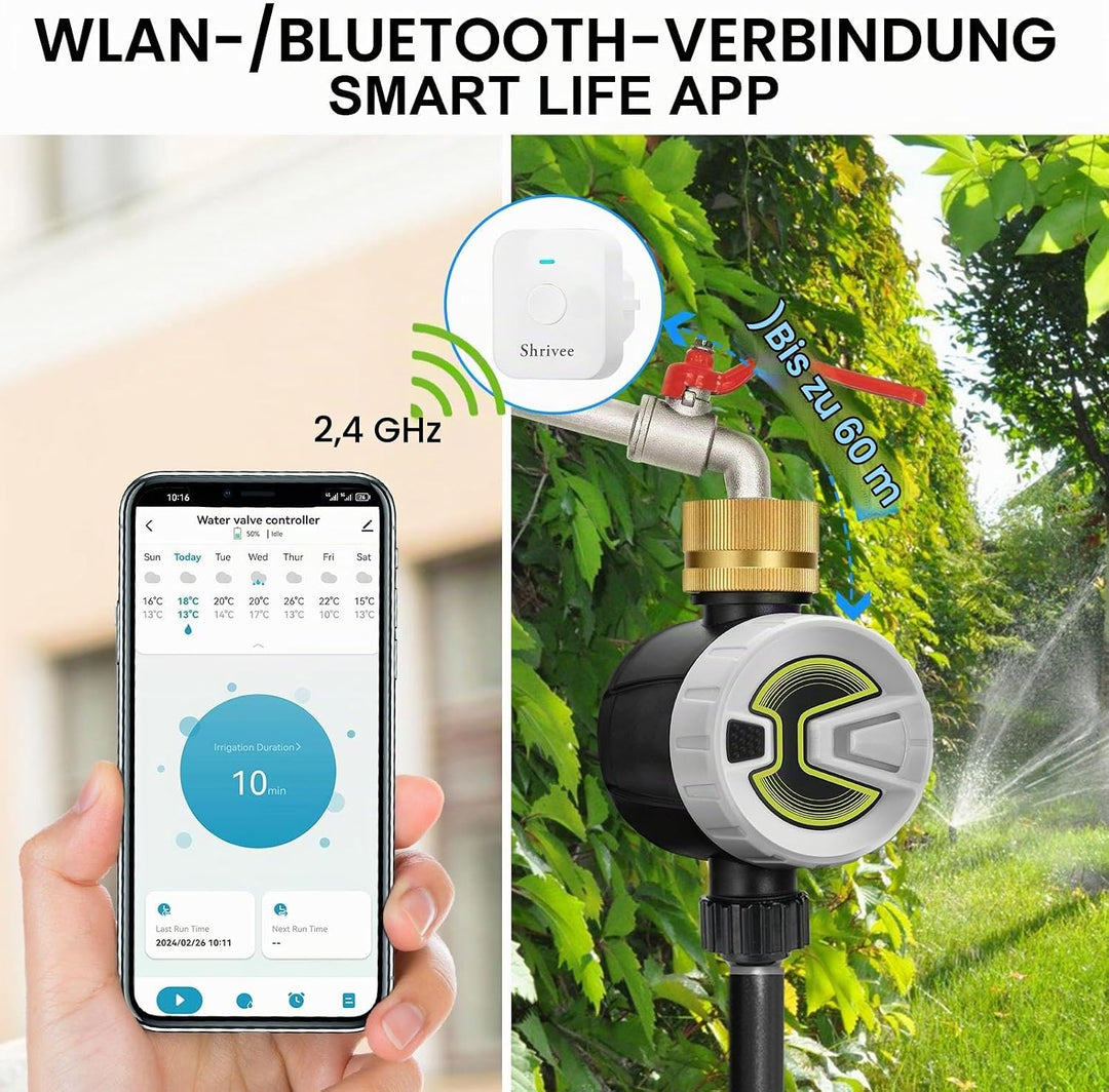 Bewässerungscomputer WLAN mit Messing-Wassereinlass, APP-Steuerung über 2,4 GHz WLAN und Bluetooth,