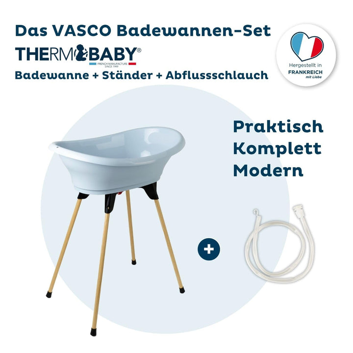 THERMOBABY - Babybadewannen-Set - Vasco - Badewanne, Ständer aus Holz & Abflussschlauch - Zusammenkl