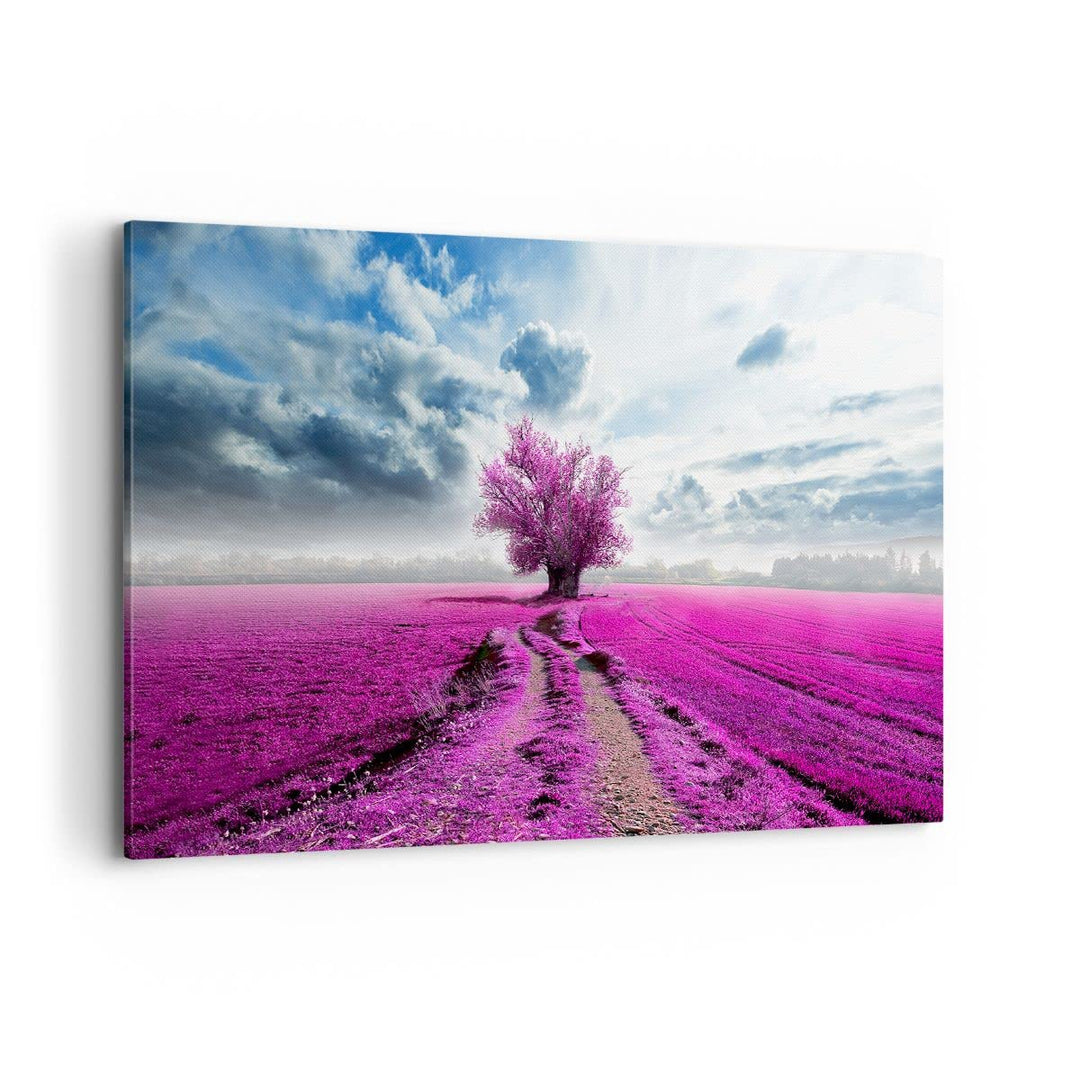 Bilder auf Leinwand 100x70cm Leinwandbild Heidefeld Baum Wolken Landschaft Gross Wanddeko Bild Schla