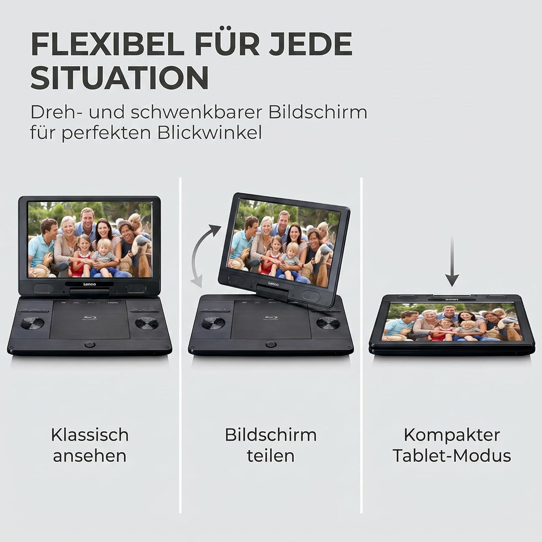 Lenco BRP-1150 tragbarer Blu-Ray DVD-Player - 11,5” drehbarer TFT Bildschirm mit 1024 x 600 Pixel -