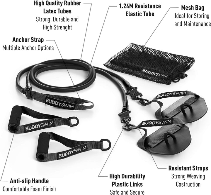 Buddyswim Super Stroke Dryland Cords Widerstandsgummis mit austauschbaren Griffen und Paddles. Elast