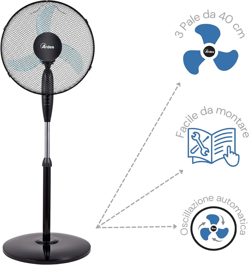 ARDES - Standventilator, leistungsstark, leise, 3 Flügel, 40 cm, oszillierend, mit verstellbarer Höh