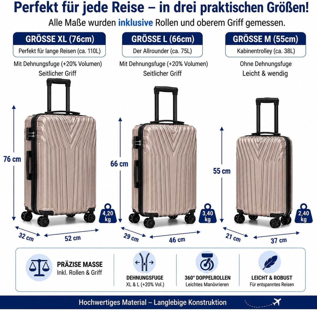 BEIBYE Kofferset Rollkoffer Koffer Hartschale,TSA Schloss, Zwillingsrollen, Erweiterung (Champagner,