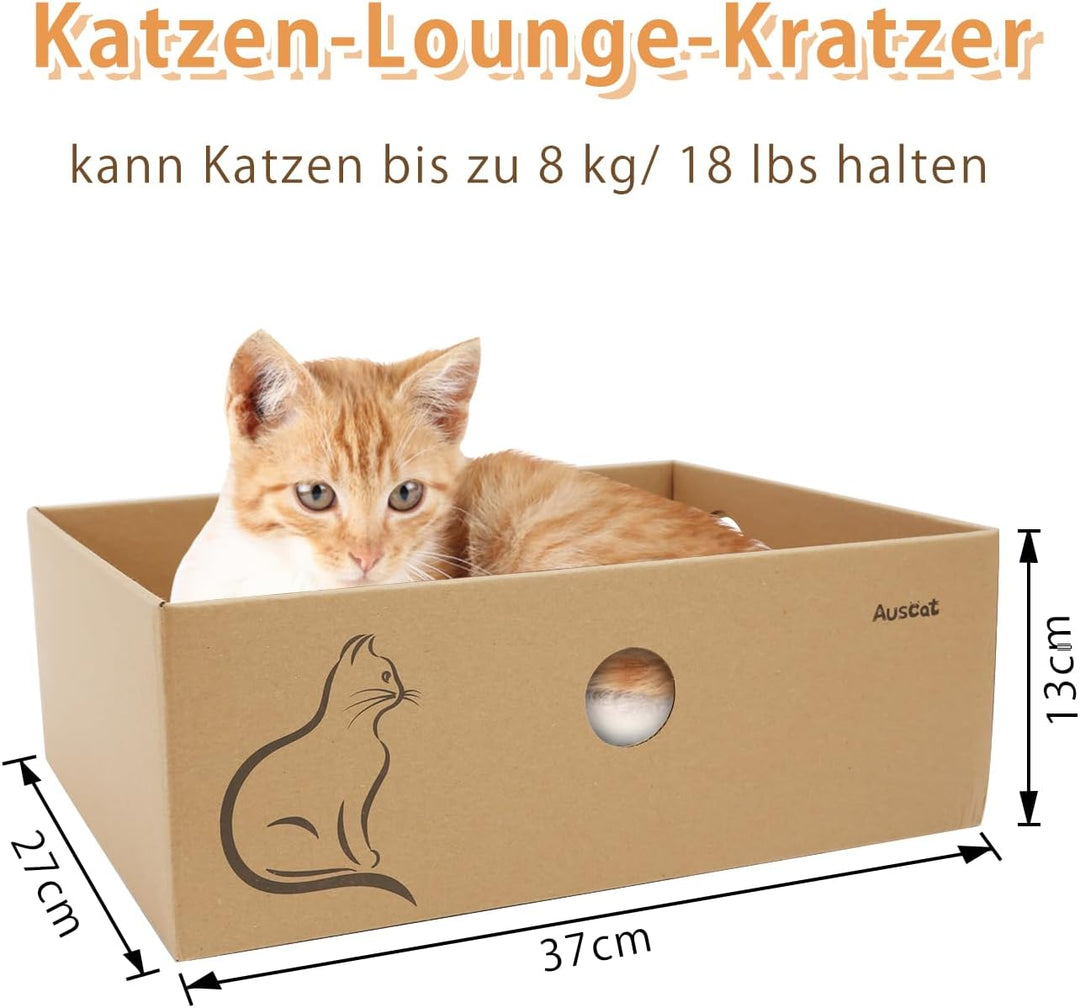 AUSCAT Kratzbrett Katze mit Box, 4 STK. Doppelseitige Kratzpappe für Katzen, Wellpappe Kratzbrett fü