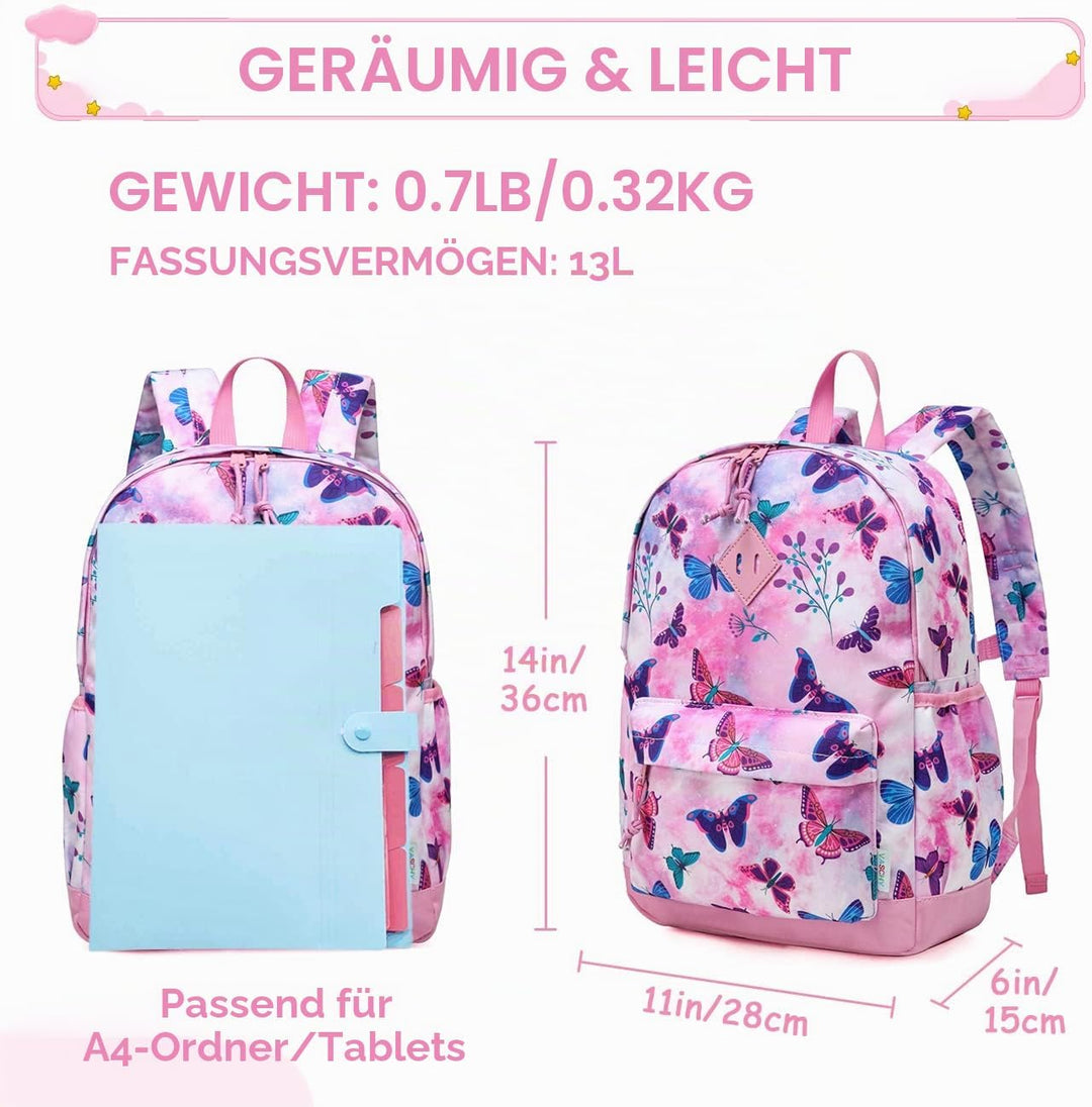 VASCHY Mädchen Schulrucksack 4-6 Jahre Schulrucksack mit Seitentaschen und Brustgurt 148-schmetterli