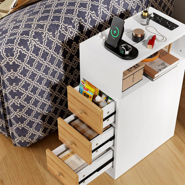 PIPIPOXER 2er Set Nachttisch mit Steckdose & USB, Nachttisch Schmal,Nachttisch Weiss Hochglanz Staur