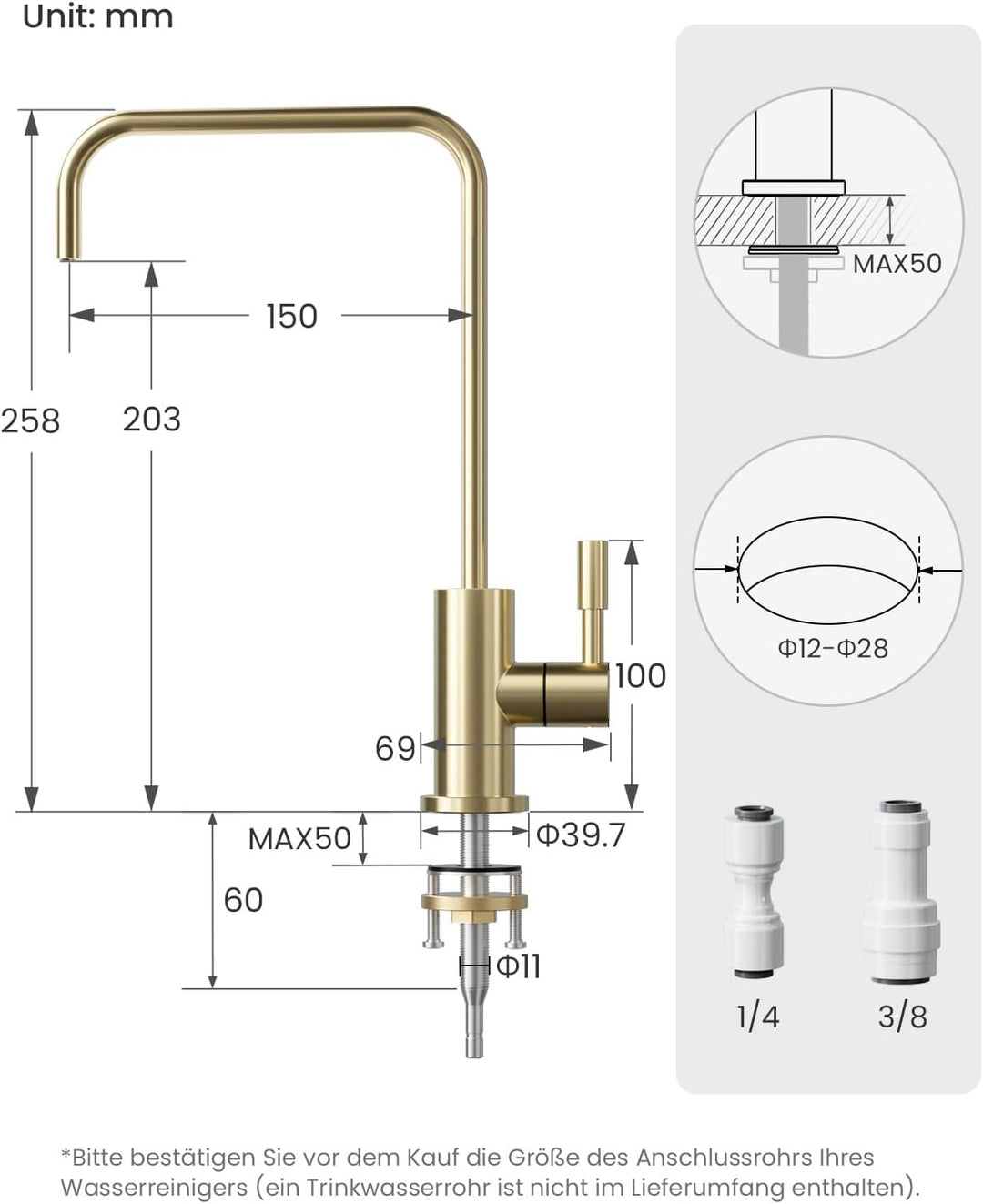 Trinkwasserhahn, Wasserhahn Küche Für Umkehrosmose Oder Wasserfiltersystem, Küchenarmatur Aus Edelst