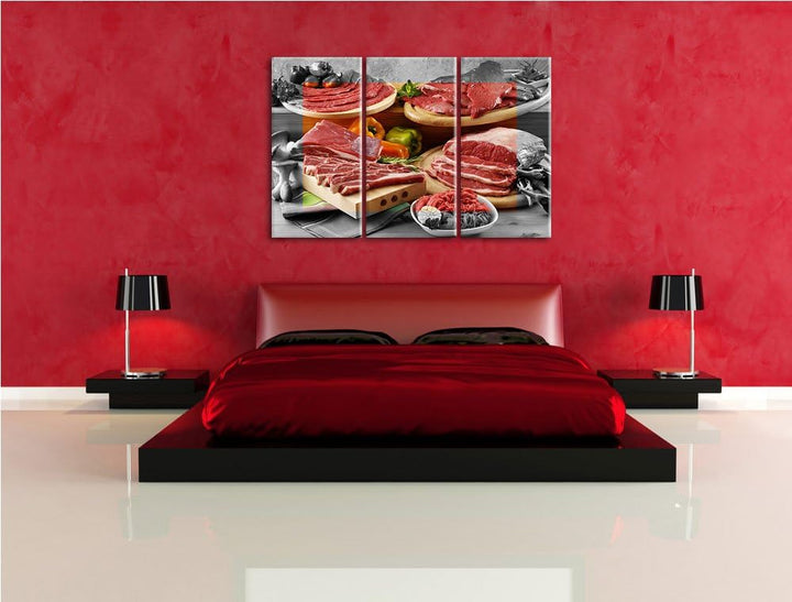 Saftige Fleisch Variationen schwarz/weiss 3-Teiler Leinwandbild 120x80 Bild auf Leinwand, XXL riesig