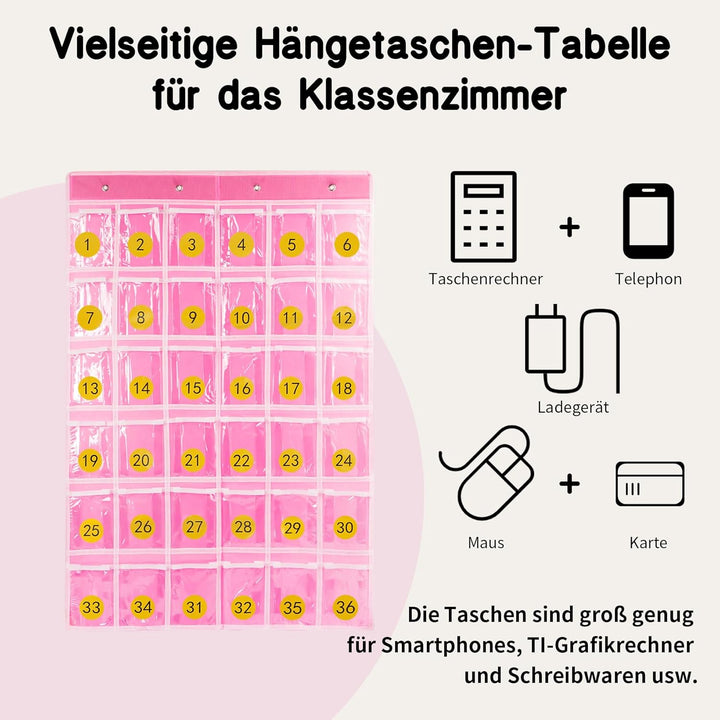 36 klare Taschen Klassenzimmer Tasche Chart Organizer, Taschendiagramm für Handy-Rechnerhalter, Häng