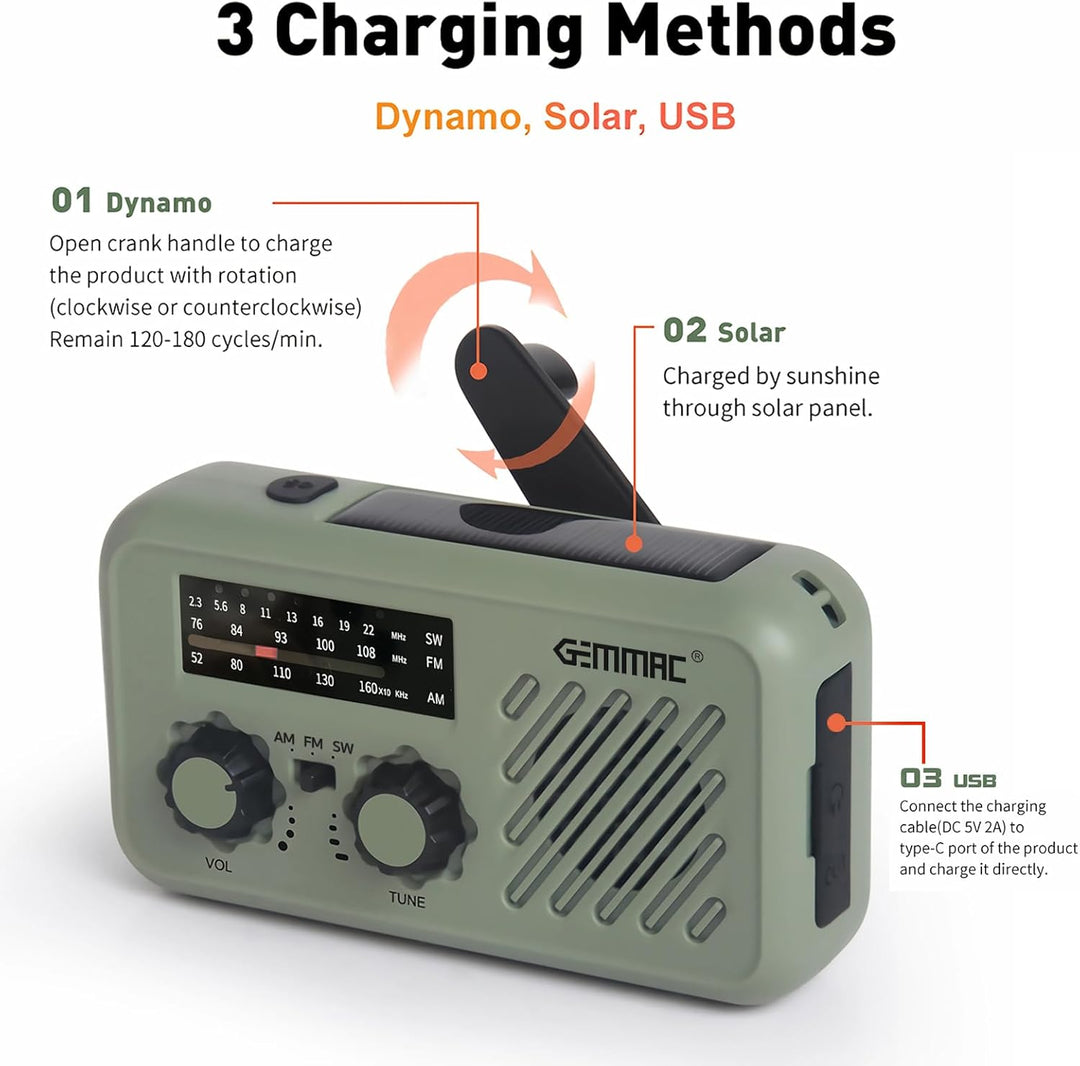Notfall Radio, 3-Wege-Laden Emergency Radios, 2000mAh Akku Kurbelradio Solar Ladegerät Power Bank US
