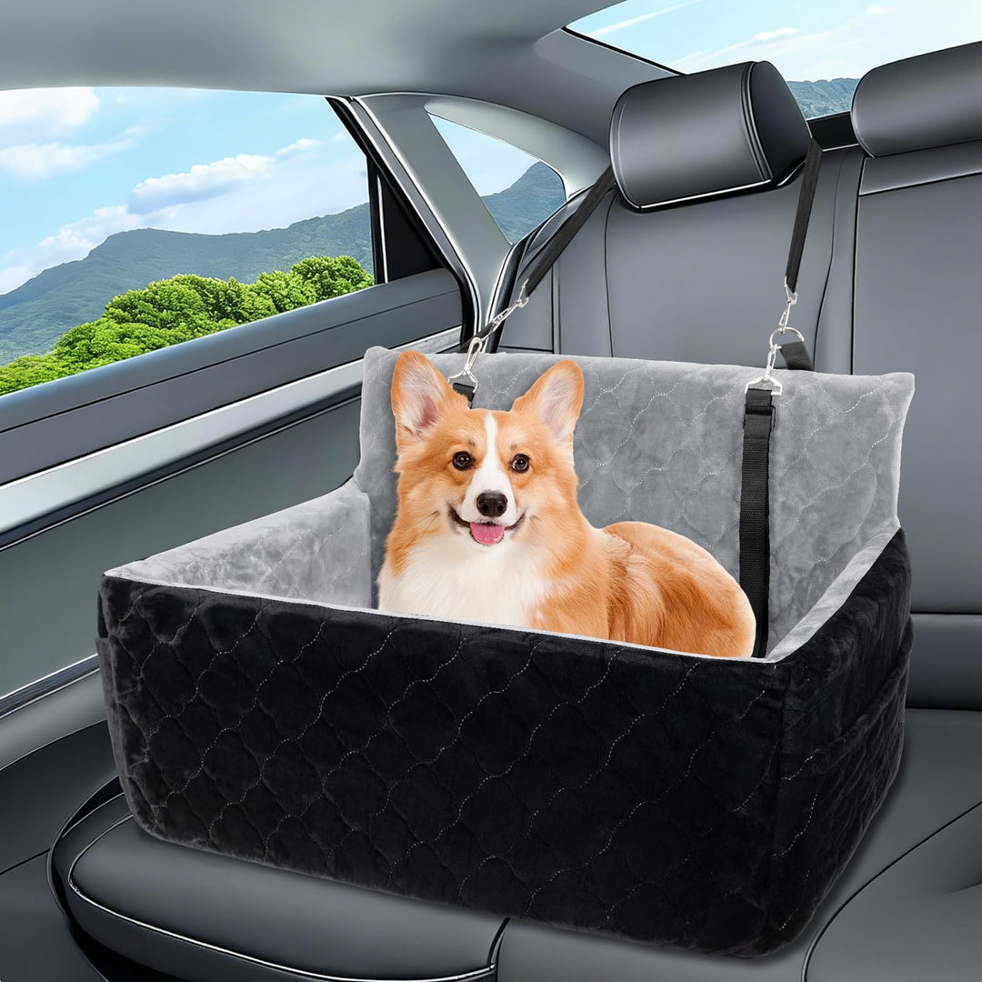 Hunde Autositz für mittlerer grosse Hunde,waschbarer Hundebett Auto für den Rücksitz, Grau+schwarz,