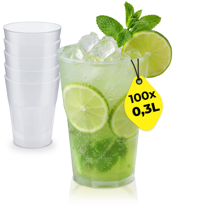 100x Cocktail Plastikbecher 0,3 L – Stapelbare Mehrweg Partybecher - Spülmaschinenfeste Hartplastik