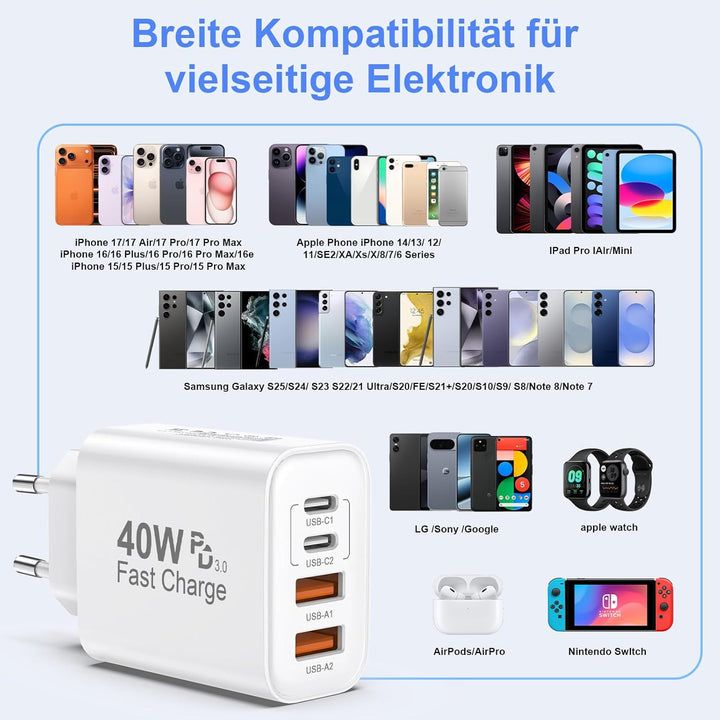2er Pack USB C Ladegerät, 4 Ports 40W Mehrfach Schnellladegerät Netzteil Power Adapter Für iPhone 17