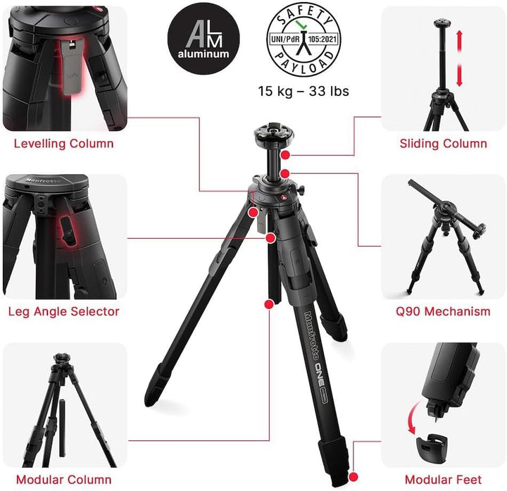 Manfrotto ONE Hybrid Aluminium Stativ, Foto & Video Stativ, 15kg Traglast, Nivelliersäule, 90° Horiz