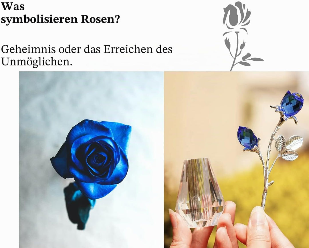 H&D Zwei kristallblaue Rosen,Kristall Rosen Figuren mit silberner Stange,Für Immer Kristallrose Brie
