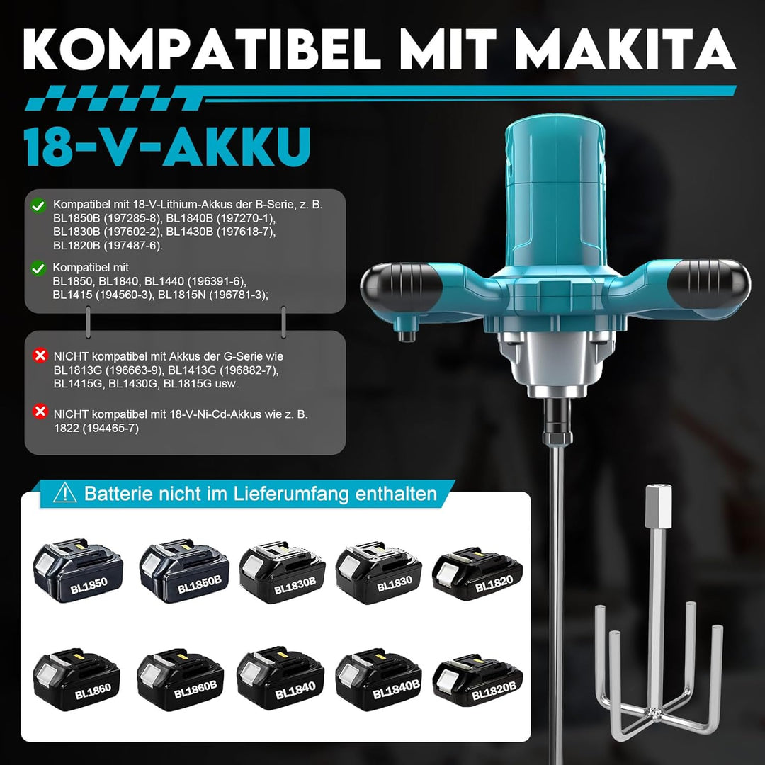 Akku Farbmörtelrührer Kompatibel mit Makita Batterie,Brushless 3200W Rührwerk Zementmischer, 6-Gang-
