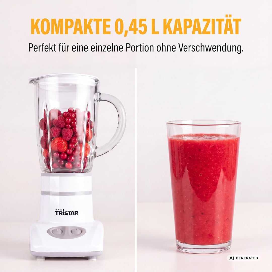 Tristar BL-4431 Mixer – Edelstahlklingen – 2 Geschwindigkeiten - 450 ml Glaskanne - Kompakt