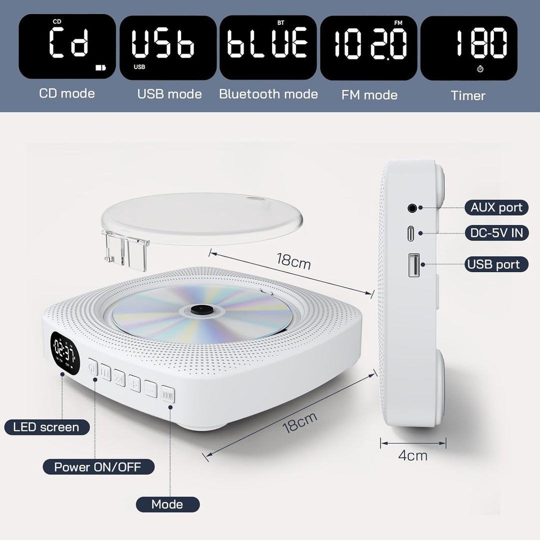 WOLFANG Tragbarer CD-Player WDV04 für Zuhause &amp; Outdoor, Bluetooth-CD-Player mit Lautsprechern, inte