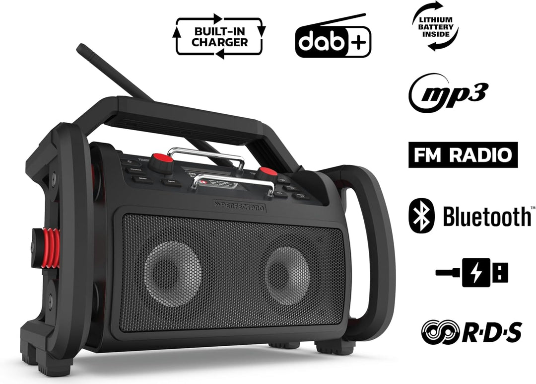 PerfectPro Baustellenradio ROCKPRO, DAB+ und UKW-Empfang, Bluetooth, Inklusive Ladegerät und Lithium