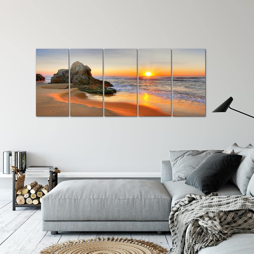 Runa Art Wandbild XXL Sonnenaufgang Strand Schlafzimmer Wohnzimmer 200 x 80 cm Orange 5 Teilig - Mad