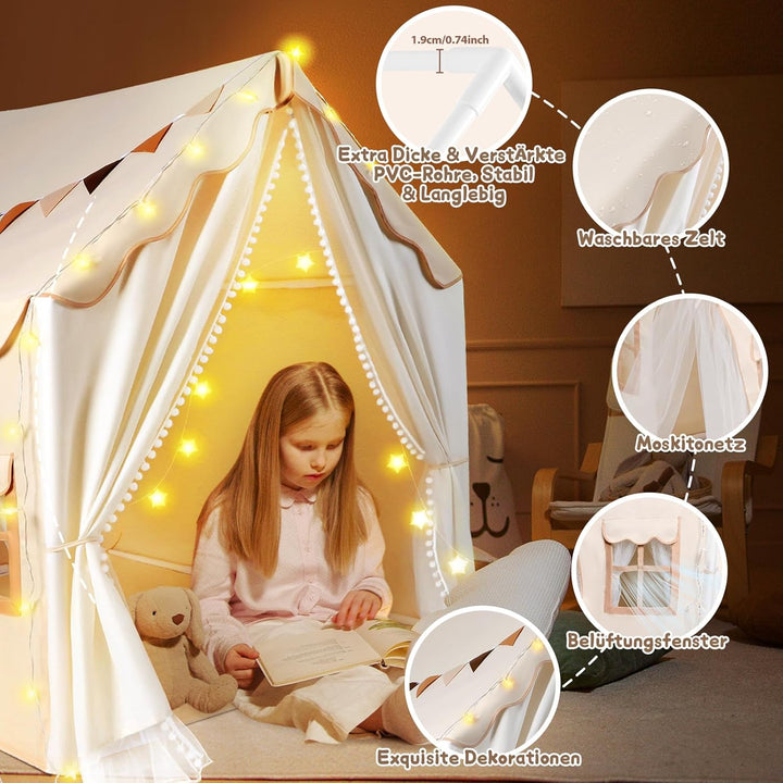 Herenear Kinderzelt mit 2 Eingängen, Spielzelt Kinder Indoor mit Lichtern und Zeltunterlage, Spielha
