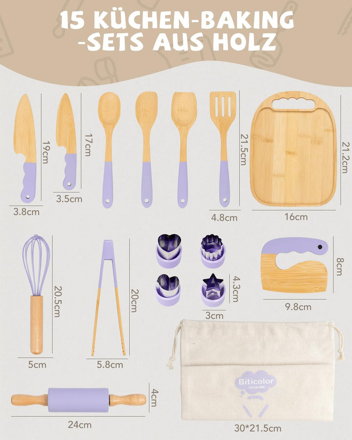 Kindermesser Set – 15-teilig mit sicherem Kiddikutter, Holzmesser Schneidebrett – Montessori Küchens