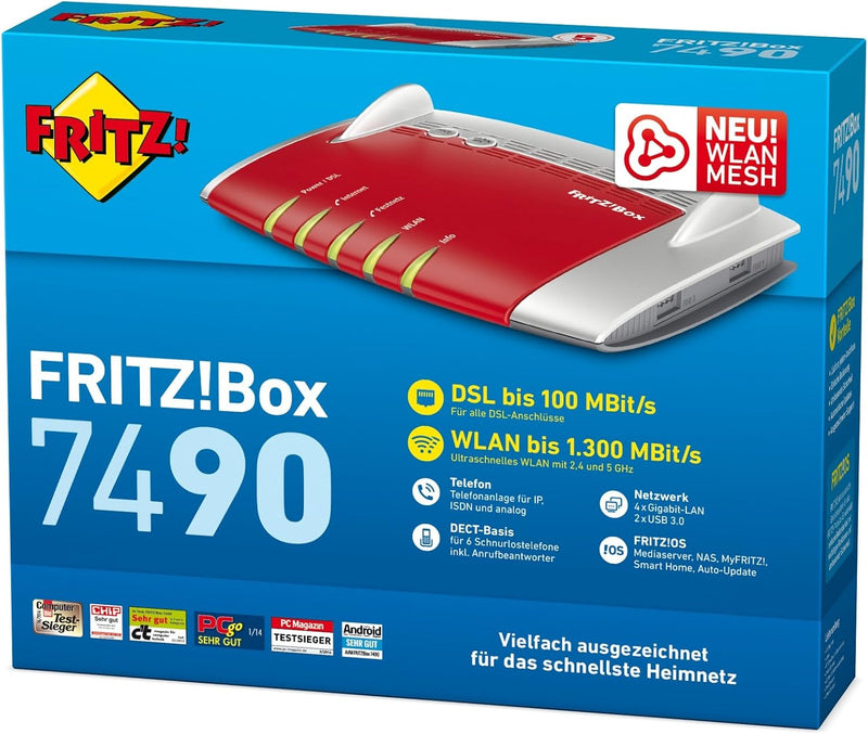 AVM FRITZ!Box 7490 WLAN AC + N Router (VDSL/ADSL, 1.300 Mbit/s (5 GHz), 450 Mbit/s (2,4 GHz), WLAN M