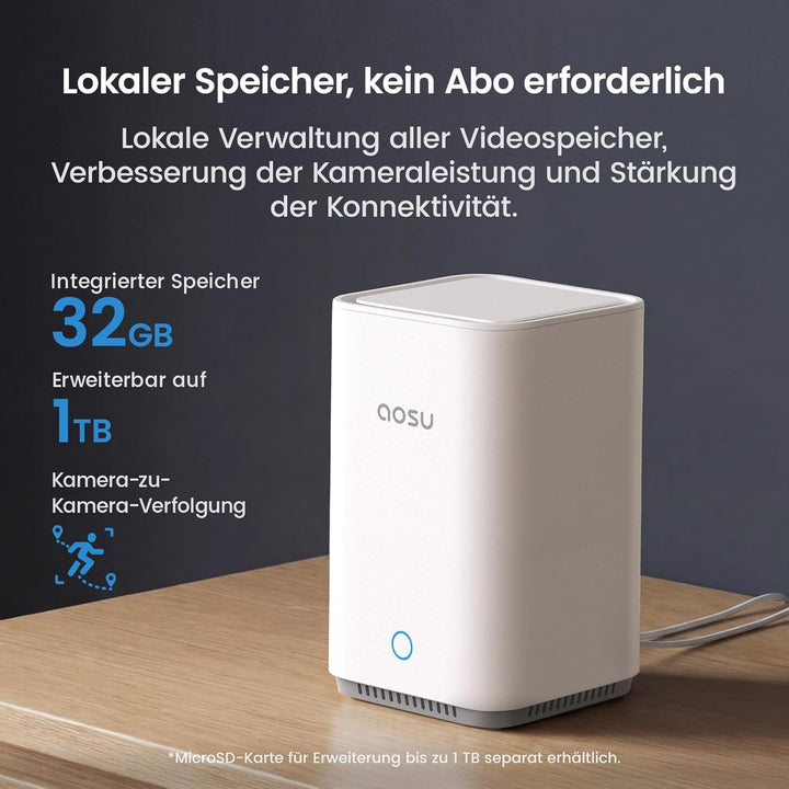 aosu 2K Überwachungskamera Aussen Akku Solar 4er-Kit mit Aosubase 2.0 ohne ABO 32GB Lokal Speicher K