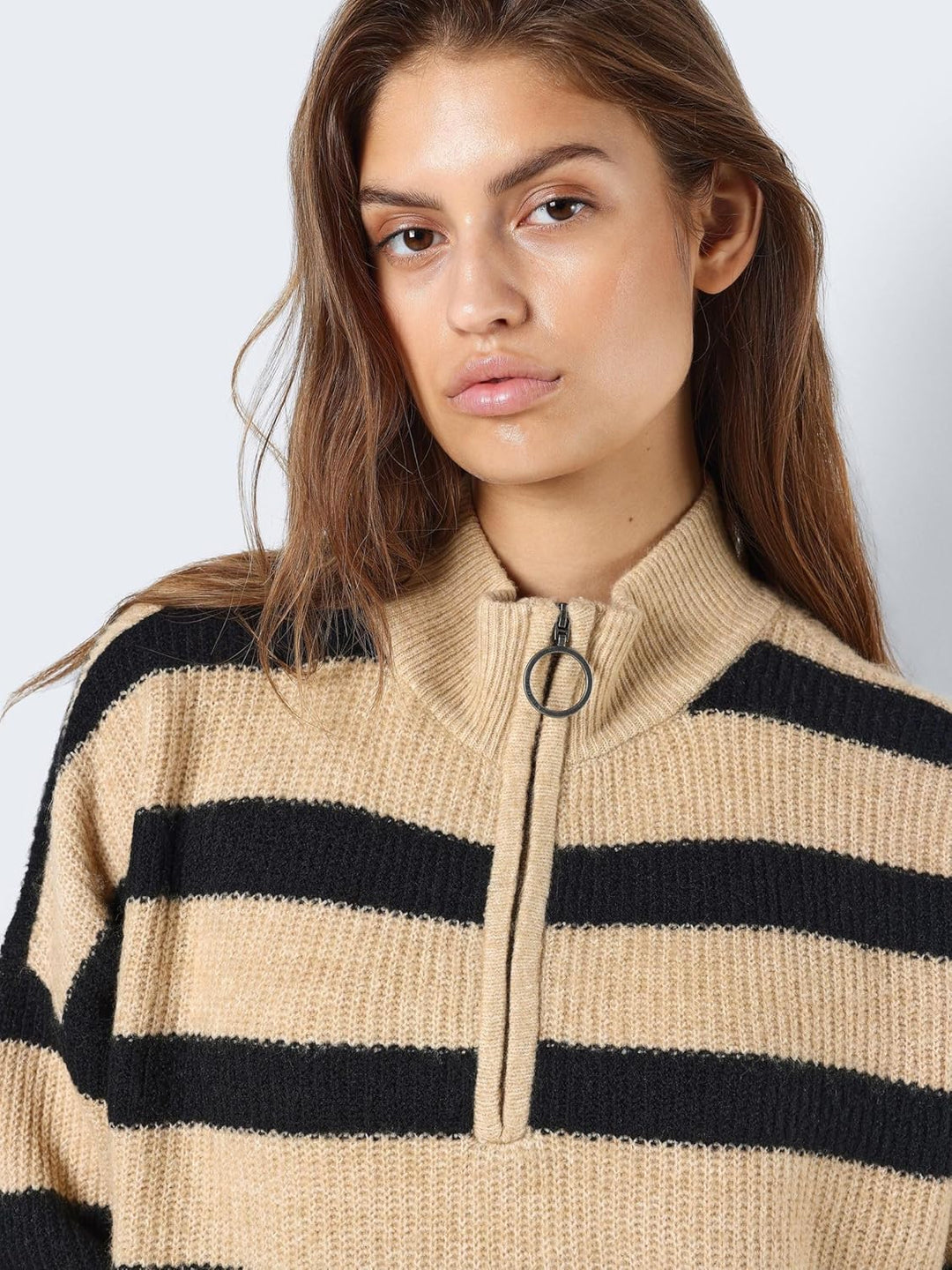 Noisy may Damen Nmnewalice L/S Half Zip Knit Noos Strickpullover XS Black/Stripes:irish Cream, XS Bl