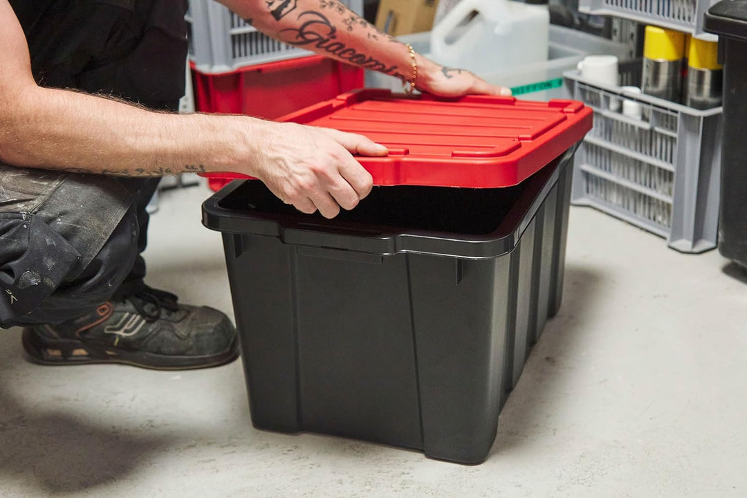 Iris Ohyama Heavy Duty Organisation Boxes, 50L, 3er-Set, Rot, Gross, Robust, Stapelbar, Aufbewahrung