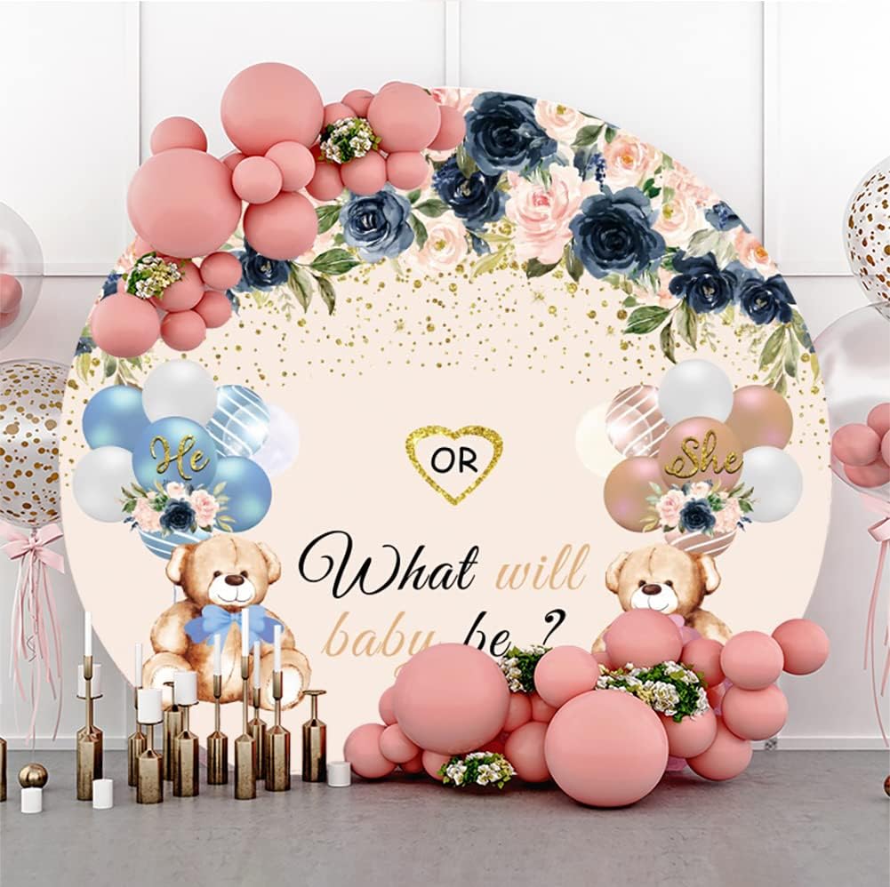 Renaiss 2m Baby Dusche Rundes Hintergrund Bear Flower Gender Reveal Fotografie Hintergrund Junge ode