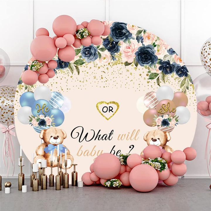 Renaiss 2m Baby Dusche Rundes Hintergrund Bear Flower Gender Reveal Fotografie Hintergrund Junge ode
