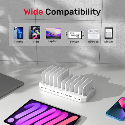 Unitek USB C Ladestation, 120 W, 10 Ports, Typ C, für mehrere Geräte, iPhone, Smartphones, Tablets,