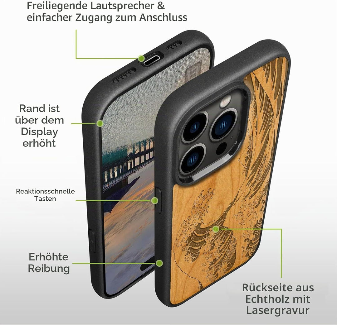 Carveit Handyhülle für iPhone 14 Pro Cover Kompatibel mit Magsafe [Holz und TPU Silikon Hybrid hülle
