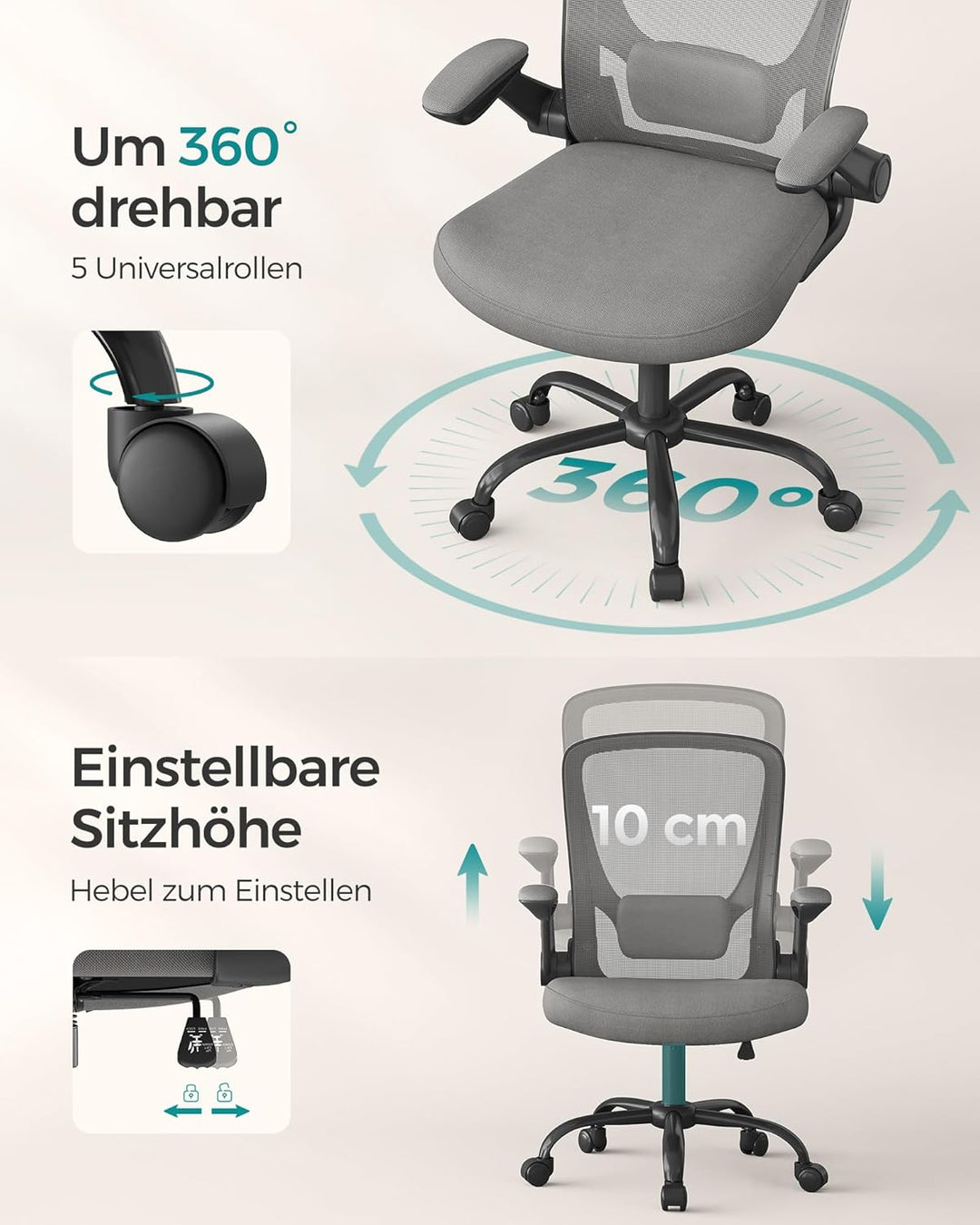 SONGMICS Bürostuhl ergonomisch, Drehstuhl mit Mesh, Lendenstütze, Wippfunktion, 53 cm grosse Sitzflä