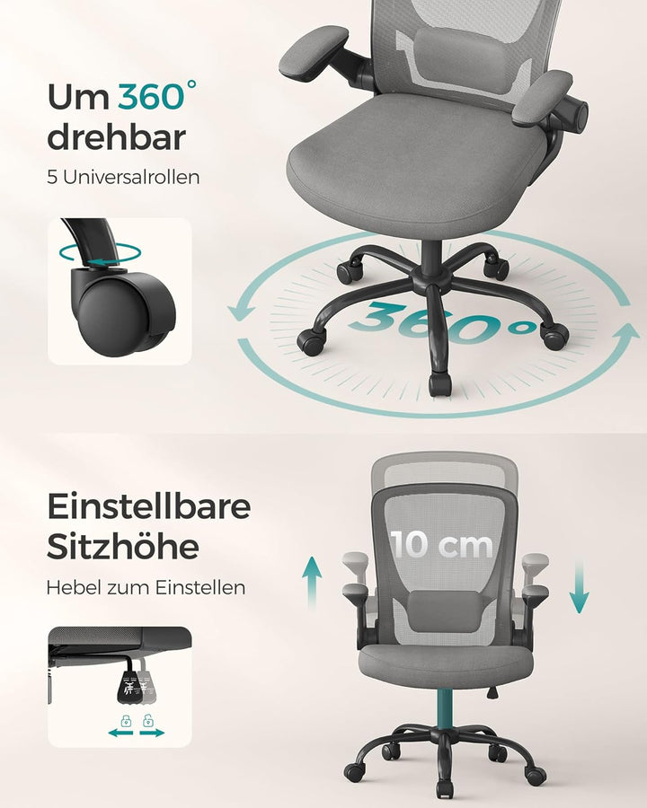 SONGMICS Bürostuhl ergonomisch, Drehstuhl mit Mesh, Lendenstütze, Wippfunktion, 53 cm grosse Sitzflä