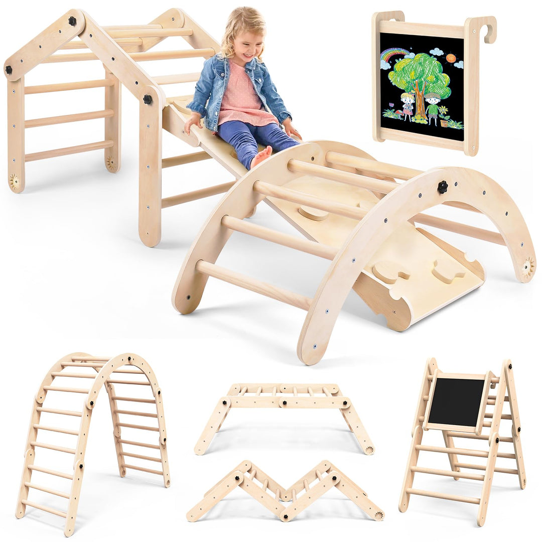 8-in-1 Montessori Klettergerüst Indoor Set, Verformbares Kletterdreieck mit Rutsche, Kletterbogen un