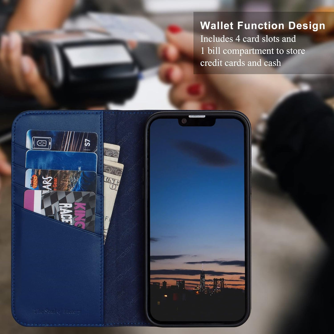 VISOUL iPhone 14 Plus Hülle, Handyhülle [100% Carbon Leder] [RFID Schutz] [Schützt vor Stoss] [Stand