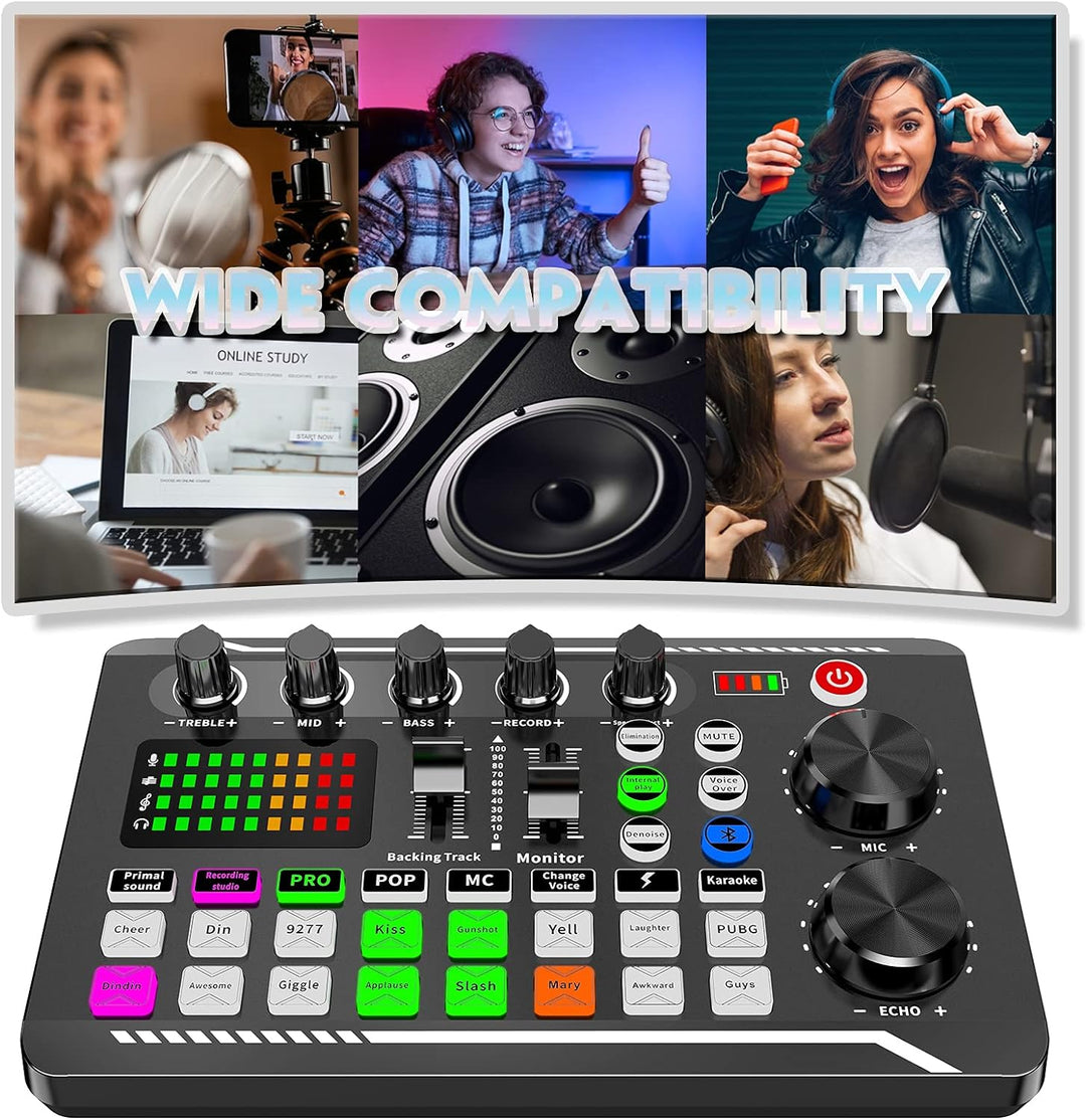 Live-Soundkarte und Audio-Interface mit DJ-Mixer-Effekten und Sprach-Wechsler, F998 Bluetooth Stereo