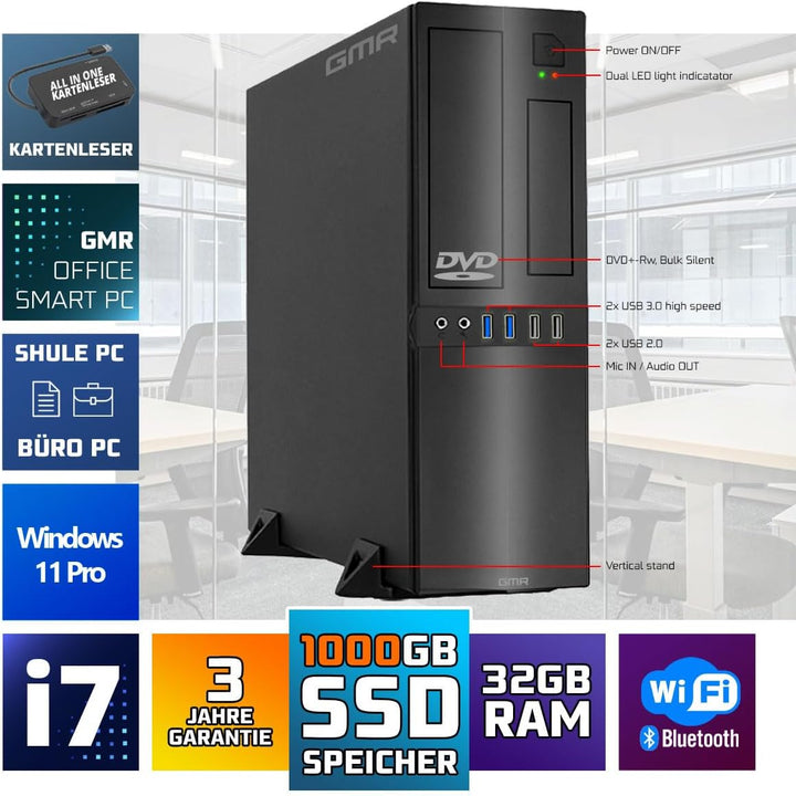 GMR Ultra Slim i7 Office PC - Business Office Computer | 3 Jahre Garantie | 32 GB RAM | 1000GB SSD |