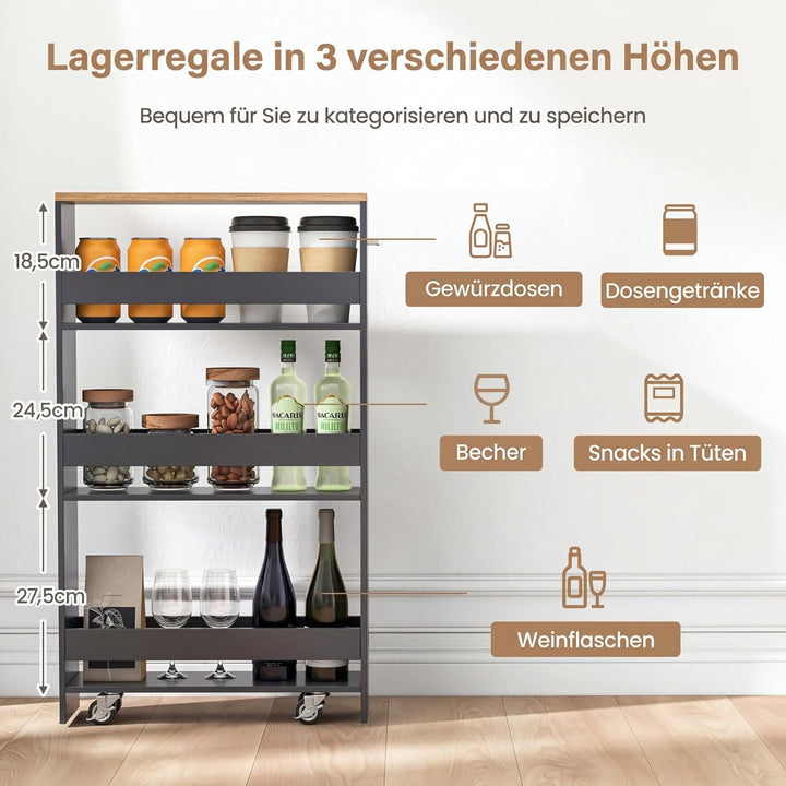 COSTWAY Nischenwagen 13cm breit, 4 Etagen Küchenwagen schmal, Nischenregal auf Rollen, Servierwagen
