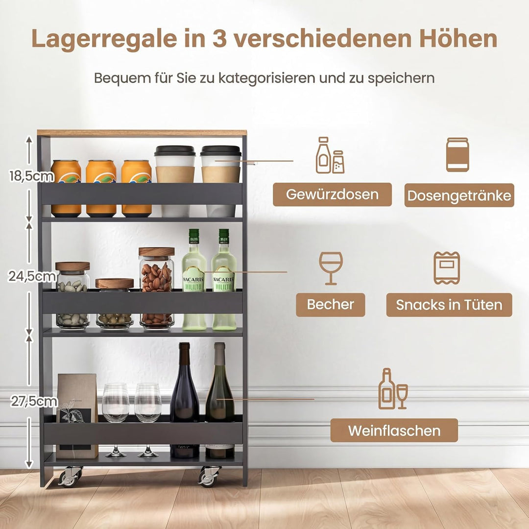 COSTWAY Nischenwagen 13cm breit, Nischenregal Badregal 4 Etagen, Nischenschrank auf Rollen, Servierw