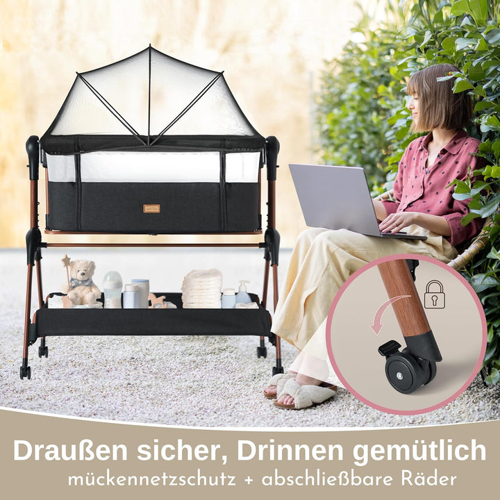 LullaBee Beistellbett & Baby Co-Sleeper – 6 Höhenstufen, Schaukel­funktion, Rollen, gesteppte Matrat