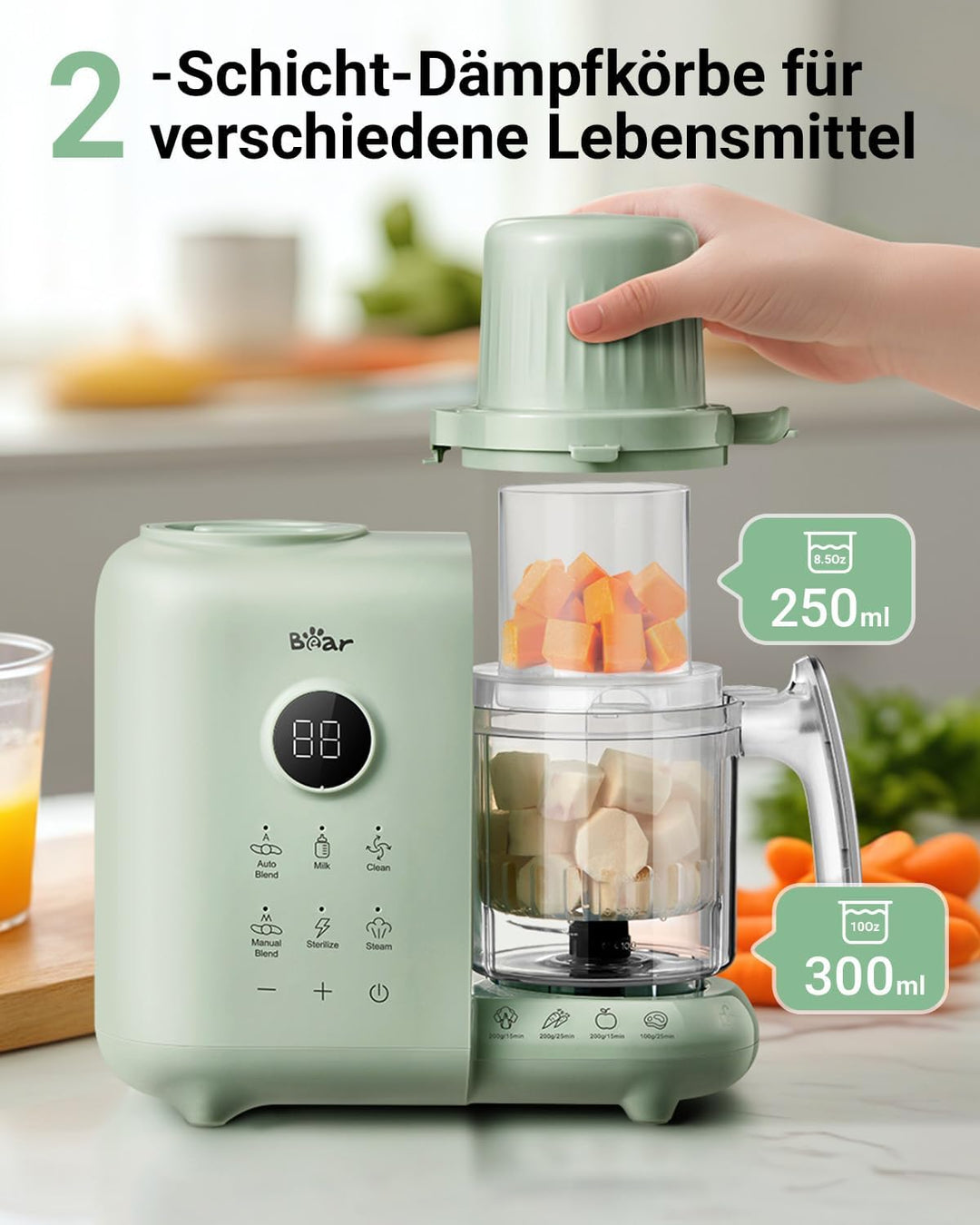 Bear 6-in-1 Dampfgarer mit Mixer Premium Babynahrungszubereiter,Dämpfen, automatisches Rühren, Milch