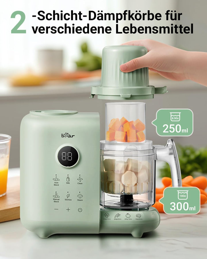 Bear 6-in-1 Dampfgarer mit Mixer Premium Babynahrungszubereiter,Dämpfen, automatisches Rühren, Milch