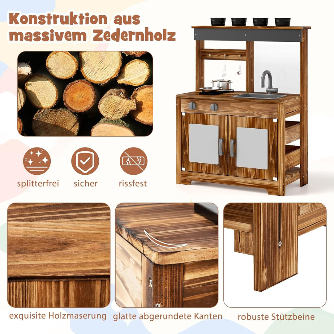 DREAMADE Matschküche Kinder Outdoor, Spielküche aus Tannenholz mit Waschbecken, Wasserhahn, 2 Herden