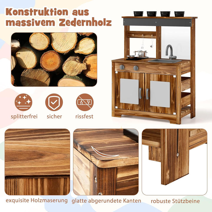 DREAMADE Matschküche Kinder Outdoor, Spielküche aus Tannenholz mit Waschbecken, Wasserhahn, 2 Herden