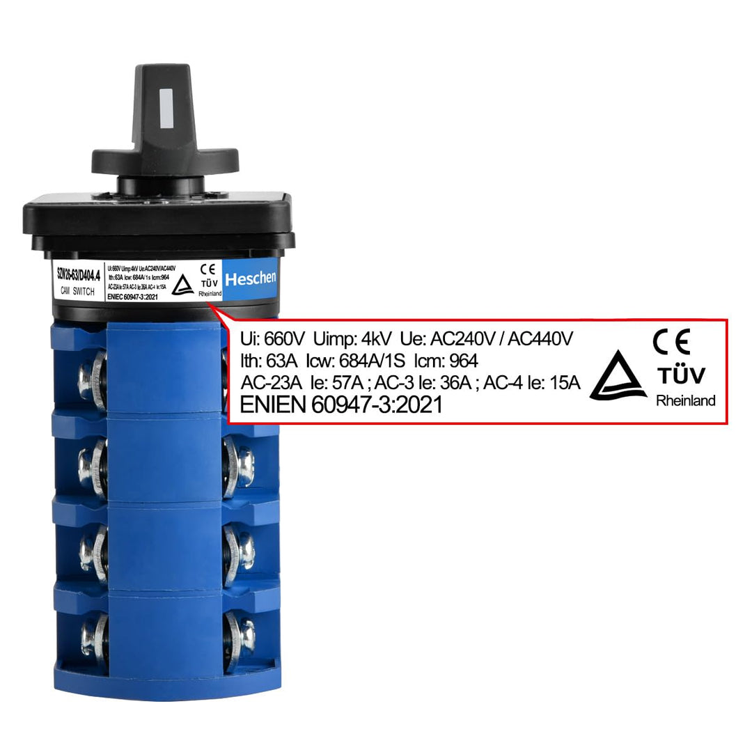 Heschen Universal Drehschalter SZW26-63/D404.4 660V 63A ON-OFF-ON 3 Positionen 4 Phasen 4NO+4NC 16 K
